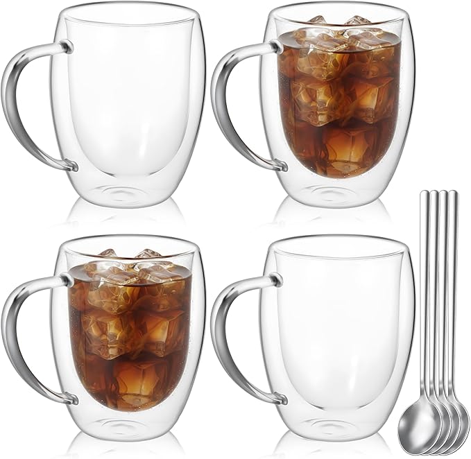 4 Pack Double Wall Glass Coffee Mugs 12 Oz Clear Coffee Mugs with Handle Insulated Cups Glass Mug Heat Resistant Tea Cups for Tea Bag Hot Cold Drink