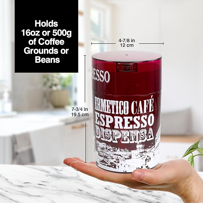 Coffeevac 1LB – Patented Airtight Container | Multi-use Vacuum Container Works as Smell Proof Containers for Ground Coffee and Coffee Bean Containers. Red Tint Roma