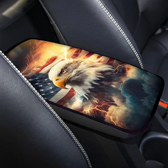 Mintutlipy Eagle USA Flag Print Car Armrest Cover Soft Cushion Automotive Center Console Pad Cover Soft Comfort Fabric Easy to Install