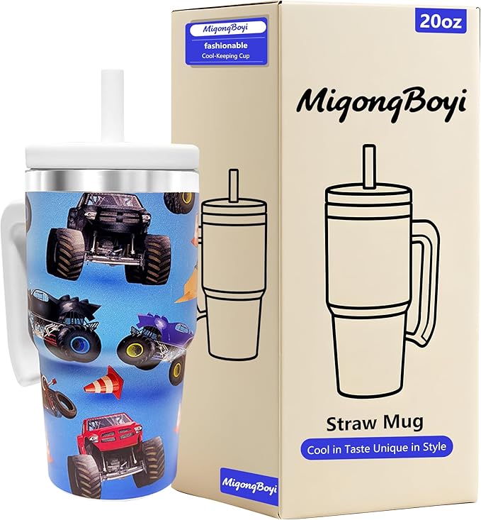 20-OZ Insulated Water Bottle,Insulated Stainless Steel Tumbler,Reusable Cold Drink Thermos,BPA-Free, Double-Wall Stainless Steel Water Bottle (Light blue-Monster truck, 20, Fluid Ounces)