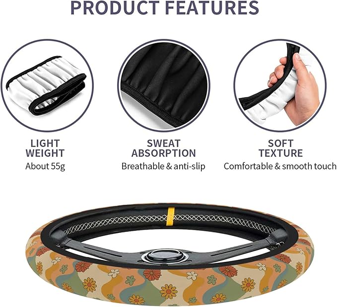 Car Steering Wheel Cover for Women Men, Non-Slip Flower Retro Steering Wheel Protector, Universal 14"-15" Fit for Cars, SUVs, Trucks (Flower Retro)