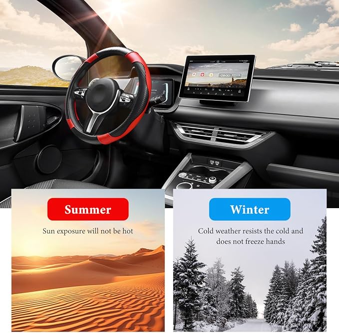 Car Steering Wheel Cover, 15 Inch Anti-Slip Stretch Leather Steering Wheel Protector, Comfortable Breathable Sporty Steering Wheel Cover for Women Men, Car Accessories (Black & Red)