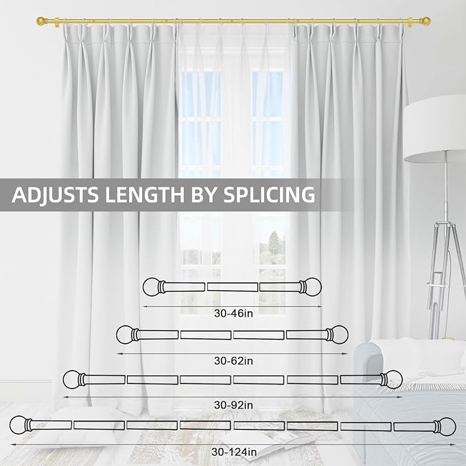 Thestoa Gold Curtain Rods for Windows 66-120 Inch, 5/8" Stainless Steel Small Curtain Rod for Bedroom, Living Room, Kitchen, Farmhouse