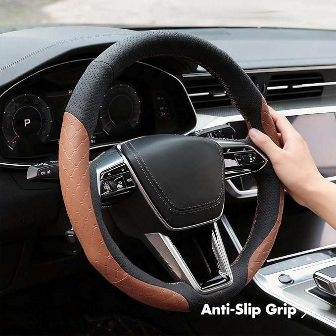 MEWANT Hand Stitch Steering Wheel Cover for Audi A6 2019-2022 A6 Allroad 2020-2022 A7 2019-2022 RS 6 Avant 2021-2022 RS 7 2021-2022 S6 2020-2022 Black Brown Real Leather DIY Interior Accessories