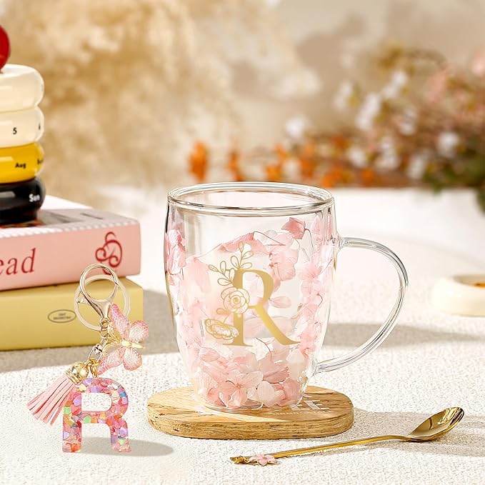 Personalized Gift for Women Flower Glass Coffee Mug Initial Tea cup Monogrammed Customized Bridesmaid Bride Wedding Gifts Graduation Gifts Valentine Mother's Day Birthday Christmas Gift (R)