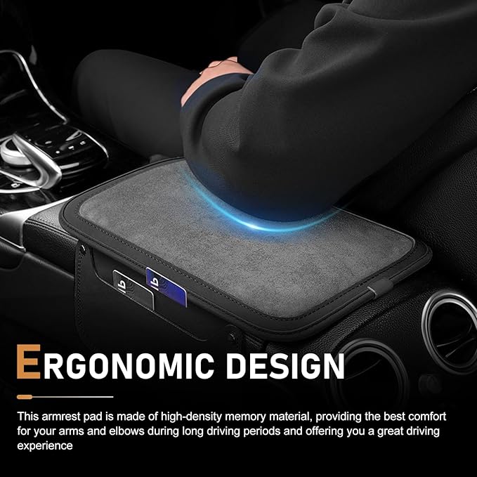 Upgraded Car Center Console Cover, Furry Soft & Comfortable Center Elbow Cushion with Two Side Storage Pockets, Luxury Leather Plush Armrest Pad Decoration, for Most Vehicles (Black)