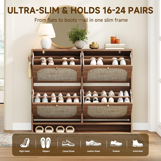 Nicetree Shoe Cabinet Storage for Entryway, Narrow Shoe Organizers with 4 Flip Drawers, Freestanding Large Shoe Rack with 3-Tier Adjustable Shelves for Hallway Entryway Foyer