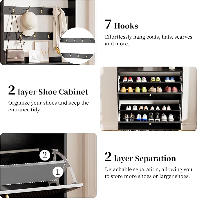 Fsbecl Shoe Cabinet for Entryway with 2 Flip Drawers & Coat Rack, Narrow Hidden Shoe Storage Cabinet with Fluted Panel, 2-in-1 Hall Tree Slim Freestanding Shoe Rack Organizer for Hallway, Black