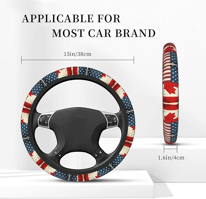 Neoprene Steering Wheel Cover Vintage Canadian America Flag Car Steering Wheel Cover Universal Fit for Most Cars