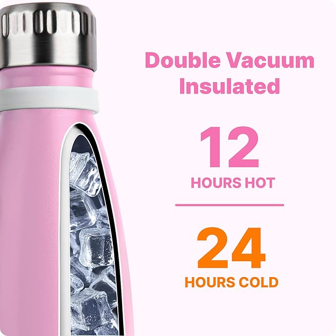 VINUR Kids Water Bottle-12 oz Stainless Steel Double Wall Vacuum Insulated Water Bottle for School-Cola Shape Flask with Carry Rope(Purple Pink)