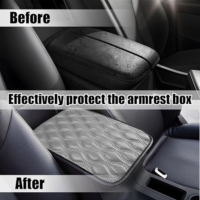 Car Center Console Cover, Leather Vehicle Armrest Seat Box Pad, Comfortable Memory Foam Automotive Interior Protection Cushion Mat Accessories, Universal for SUV, Sedan, Truck (Gray)
