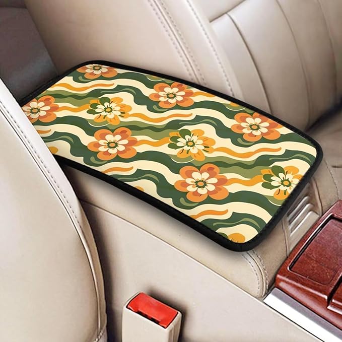 Boho Daisy Center Console Armrest Cover Hippie Car Center Console Pad Yellow Green Stripe Automotive Decor Accessories Arm Rest Seat Box Covers