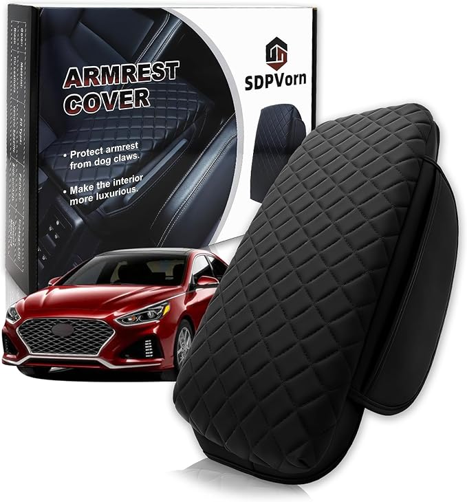 Armrest Cover for 2015-2019 Hyundai Sonata Center Console Pad with Organizer Storage Pockets, Black Faux Leather Arm Rest Lid Protector Cushion Interior Accessories