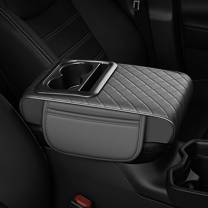 Car Center Console Cover Fit for Volkswagen Atlas Faux Leather Auto Armrest Box Cover with Cup Holder & Phone Holder Waterproof Leather Armrest Protector Cushion(Grey)