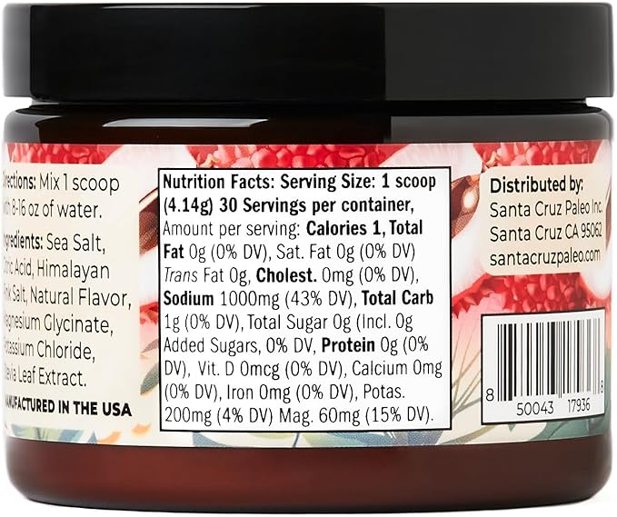 Santa Cruz Paleo Electrolyte Powder, Lychee Flavor, Sugar Free Hydration Drink Mix with Himalayan Pink Salt, Sea Salt, Magnesium Glycinate, Potassium Chloride, Sweetened with Stevia, 30 Servings
