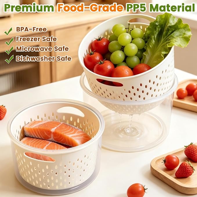 TBMax 8 Pieces Airtight Fruit Storage Containers for Fridge with Air Circulation Vent, 4 Pack Round Produce Saver with Colander for Berry Lettuce Salad Vegetable Storage, Refrigerator Organizers