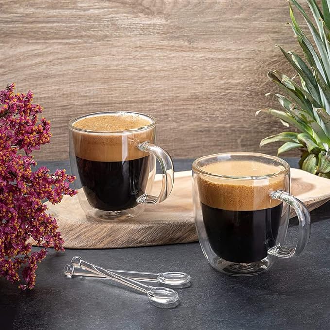 Moss & Stone Set of 4 Double Wall Glass Cup Clear Mug, Double Walled Coffee Mugs 7.4 Oz, Glass Tea Mugs, Insulated Coffee Mug With Handle & 2 Glass Spoons, Cappuccino Cups Set