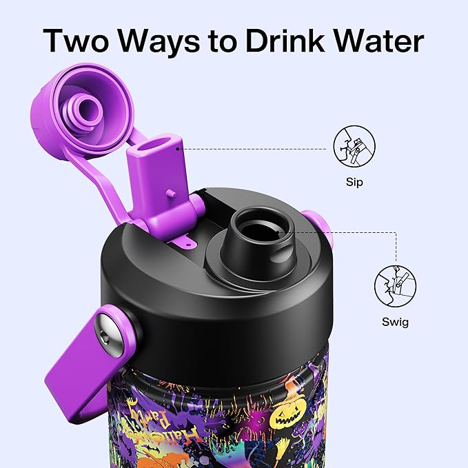 ENCOOL Insulated Water Bottle with Straw Stainless Steel Water Bottle, Leak-Proof, BPA-Free, Double Wall Vacuum Keeps Cold for 24 Hours for Sports, Travel, School (26 oz, Ghost Party)