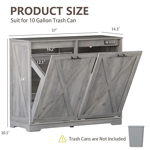 Double Tilt Out Trash Can Cabinet, Wooden Farmhouse Kitchen Garbage Bin Enclosure with Negative Ion Odor Control, Hidden Dog Proof Trash or Laundry Basket Storage for Laundry Room, Grey