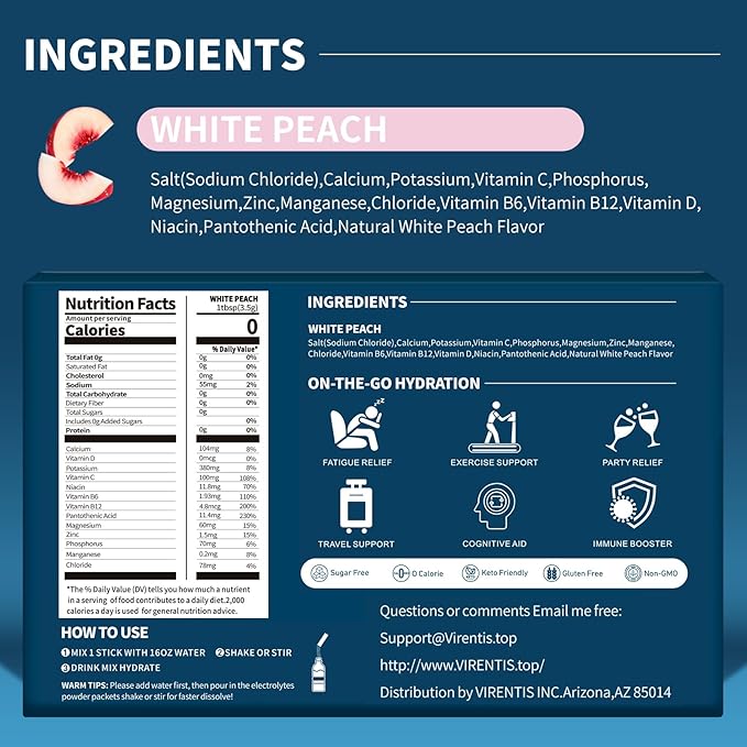 16 Sticks Electrolytes Powder Packets Sugar Free Hydration Packets Liquid Daily IV Electrolyte Drink Mix for Rehydration with 8 Electrolytes & 6 Vitamins, Low Sodium, White Peach