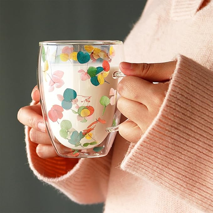 Gifts for Women Dried Flowers Double Wall Glass Coffee Mugs Cute Glass Tea Cups with Handles Christmas Birthday Gift for Best Friend Teacher Mum Gifts New Home Gift Ideas Autumn Mug Home Decor