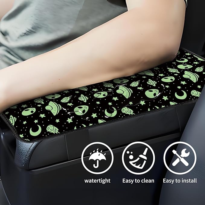 Car Center Console Cover, Universal Soft Large Neoprene Auto Armrest Seat Box Cover, Funny Car Decor Accessories Fit for Most Cars, Vehicles, SUVs Green Aliens Spaceships