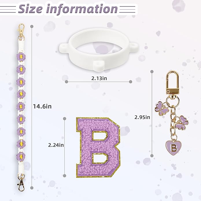 Compatible with Owala Water Bottle Accessories, Cute Letter Charm Set with Boho Handle Strap, Monogram Sticker, Silicone Ring, Keychain Decoration, for FreeSip 24 32 40oz, Owala Kids, Tumbler Gift