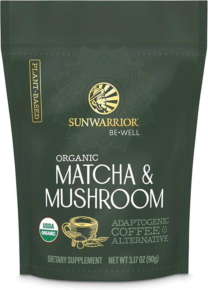 Sunwarrior Organic Matcha Mushroom Powder Supplement | Mushroom Matcha Coffee Alternative Blend of Ceremonial Grade | 90g Pouch 30 Servings Be Well