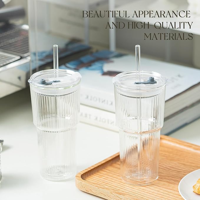 KEMORELA Iced Coffee Cups with Lids 20oz Ribbed Double Wall Glass Cups with Lids and Straws 2PCS, Coffee Bar Accessories， Insulated Borosilicate Glass Tumblers, To Go Coffee Cups, Spill proof tumbler