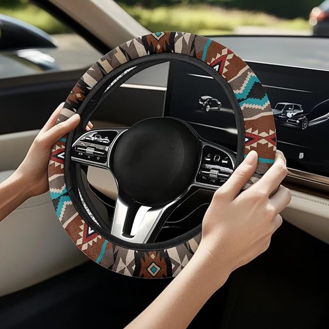 SEANATIVE Brown Aztec Car Steering Wheel Cover, Anti-Slip, Safety, Soft, Breathable, Universal Car Steering Wheel Dust Cover, Easy to Disassemble