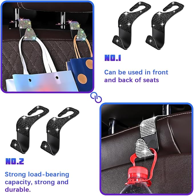 Bling Car Seat Headrest Hooks, 4PCS Crystal Rhinestone Vehicle Back Seat Hanger Holder for Handbags Purses Coats, Automotive Headrest Storage Organizer, Universal for RV SUV Truck (Black)