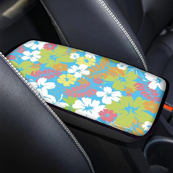 Hibiscus Flower Car Center Console Armrest Pad for Women Girls Breathable Soft Car Center Console Cover Seat Box Cover for Sedan, Van, SUV, Truck, Floral Cars Accessories