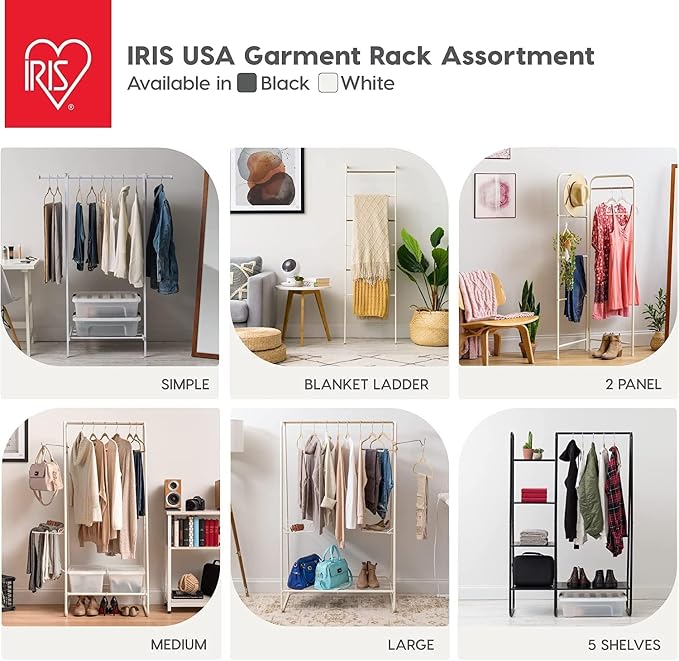IRIS USA Clothing Rack, Blanket or Garment Ladder, Easy to Assemble, Standing Metal Sturdy Garment Rack, Small Space Storage Solution, Modern Versatile Design, Long-Term Durability, Ladder, White