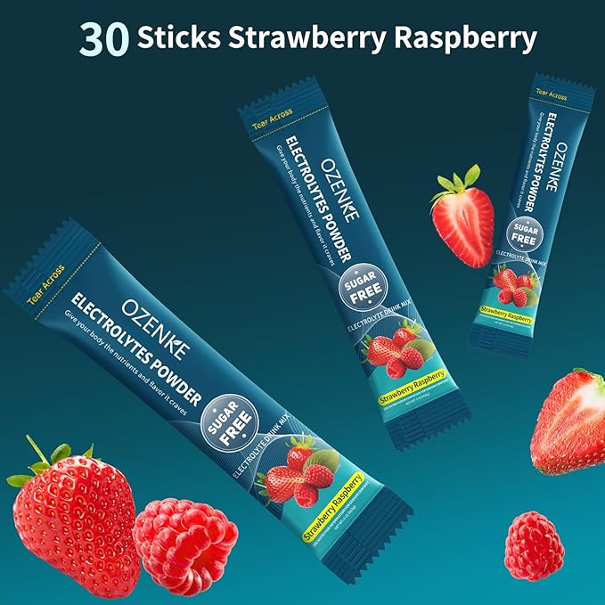 30 Sticks Electrolyte Powder Packets Sugar Free Hydration Packets Electrolytes Drink Mix for Rapid Hydration, Strawberry & Raspberry Flavor