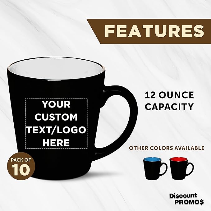 Custom Ceramic Coffee Latte Mugs 12 oz. Set of 10, Personalized Bulk Pack - Perfect for Coffee, Tea, Espresso, Hot Cocoa, Other Beverages - White