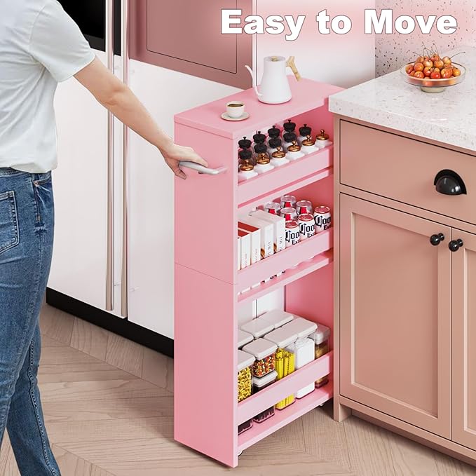 MARTY Rolling Storage Cart 7.9" W, 4-Tier Kitchen Cart with Wheels Handle, Slim Storage Cart Mobile Shelving Utility Carts for Bathroom Laundry Room Organization Narrow Places (Pink)