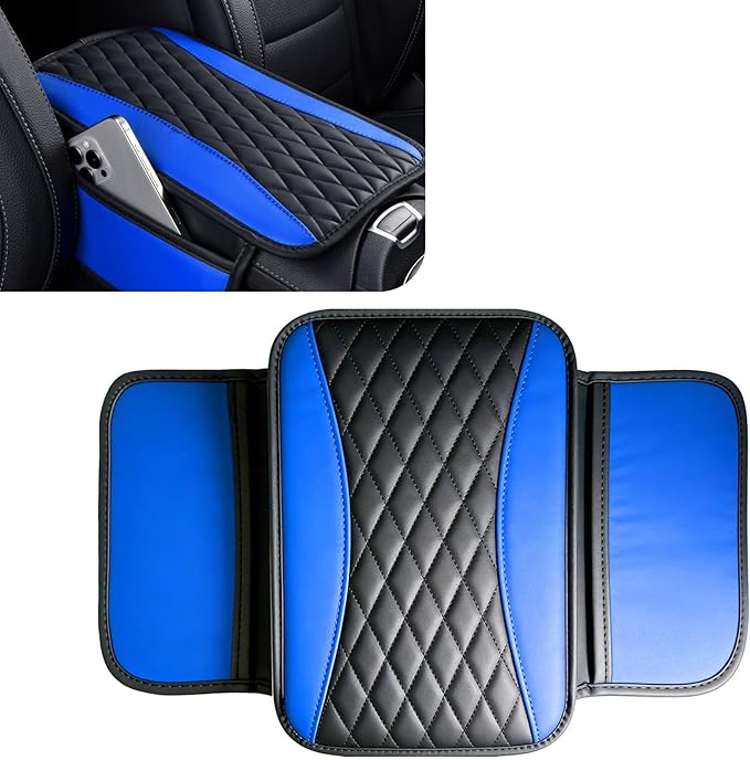Patchwork Leather Center Console Cover, Upgraded Car Armrest Cover with 2 Storage Bags, Universal Arm Rest Covers for Car, Vehicle Interior Accessories Middle Console Cushion Organizer (Blue)