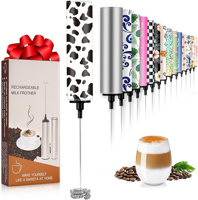 Milk Frother Handheld Rechargeable - 2-Speed Electric Whisk with 5 Detachable Heads (Frother/Mixer/Whisk) for Coffee, Latte, Cappuccino & Matcha, Drink Mixer (Flower 15)