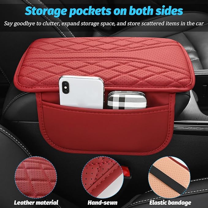 Car Center Console Cover, Leather Vehicle Armrest Box Pad with 2 Storage Bags, Automotive Interior Arm Rest Cushion Protector Accessories, Universal for SUV Sedan Truck (Gray)