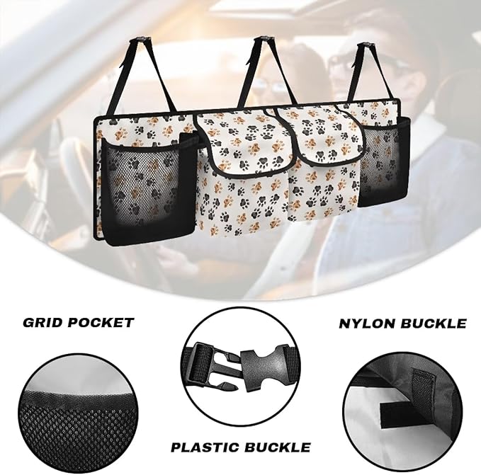 Dog Paw Car Trunk Organizer Backseat Cargo Storage Bag with Elastic Net Collapsible Pouch Backseat Storage Organizer Bag SUV, Truck, MPV Car Accessories