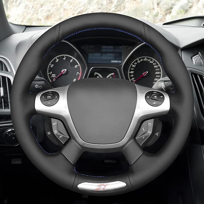 MEWANT Hand Stitch Steering Wheel Cover Fit for Ford Focus ST 2013 2014 Custom DIY Hand Sewn Black Microfiber Leather Steering Wheel Wrap Interior Accessories