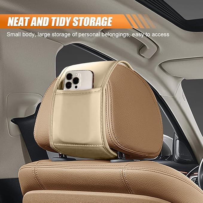 2PCS Car Headrest Covers for Back Seat, Leather Dirt-Proof Car Seat Head Rest Protector with Pocket, All Season Universal Auto Interior Decoration Headrest Organizer for Phone, Key (Beige)