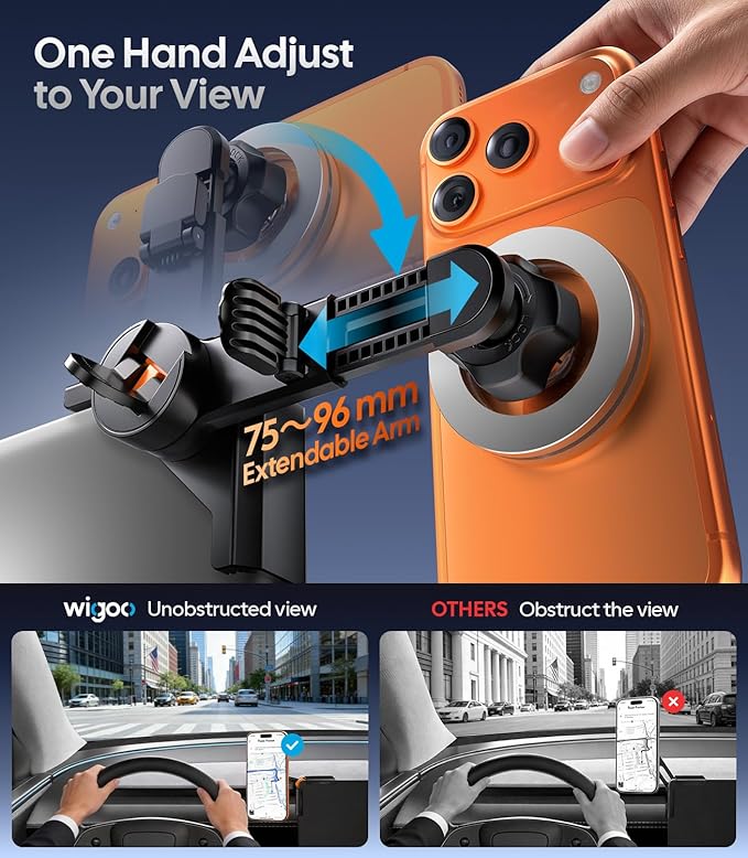 Wigoo for Magsafe Tesla Phone Mount, Magnetic Phone Holders for Tesla Model 3 Y Accessories, 【Strongest Magnet Power, No Glue, Extendable Arm】 Vacuum Car Phone Mount for iPhone 17 16 15 14 13 Series