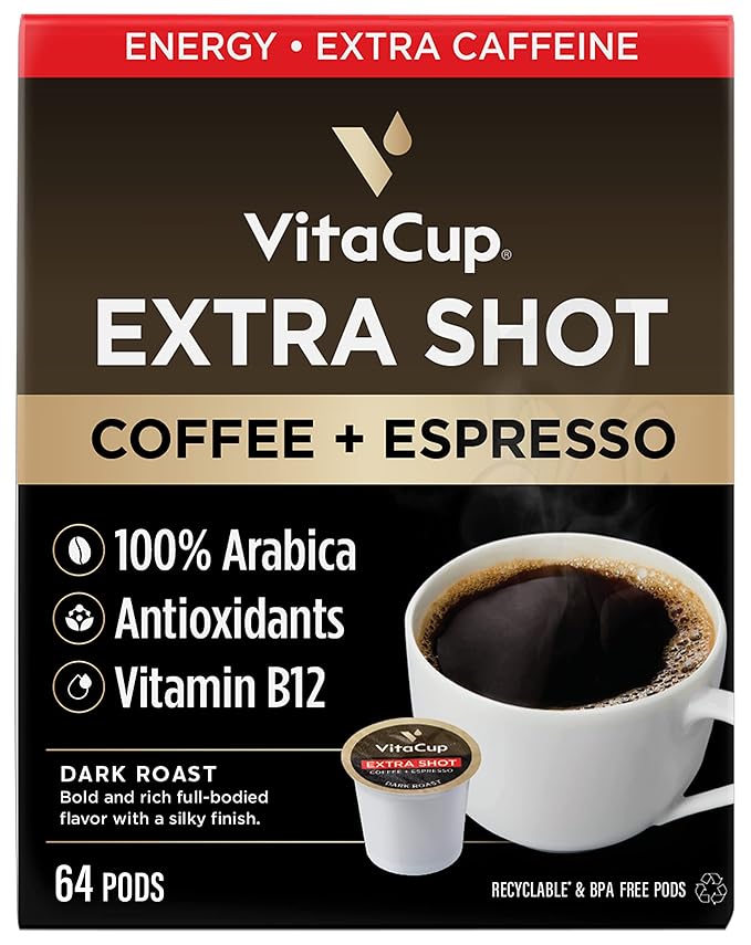 VitaCup Extra Shot Strong Coffee Pods, Bold & Intense Dark Roast w/Espresso Shot, High Caffeine, Vitamin B12, Antioxidants, Single Serve Pod Compatible with Keurig K-Cup Brewers, 64ct