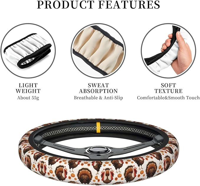 Thanksgiving Funny Turkey Universal Fit Steering Wheel Cover for Car, Truck, and SUV, Durable Steering Wheel Protection