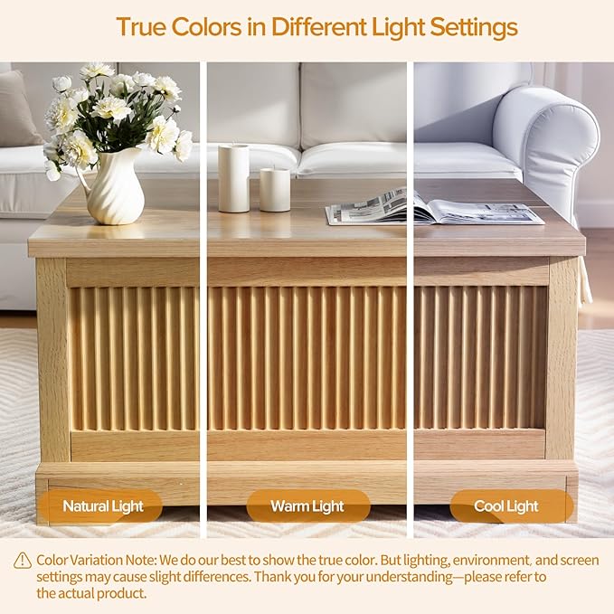 Memobarco Lift Top Coffee Table with Storage,Fluted Coffee Tables with Lifting Top,Modern Farmhouse Square Center Table for Living Room, Home Office, with Hidden Compartment, Flip-Up Lids, Natural Oak