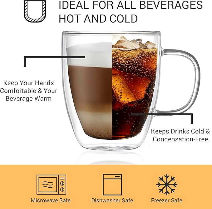 Double Walled Glass Coffee Mugs with Handle (Set of 2) - 19oz Clear Espresso Cup, Transparent Coffee Mugs for Daily Use & Gift, Transparent Mug for Hot Coffee, Iced Tea & Cappuccino (560 ml)