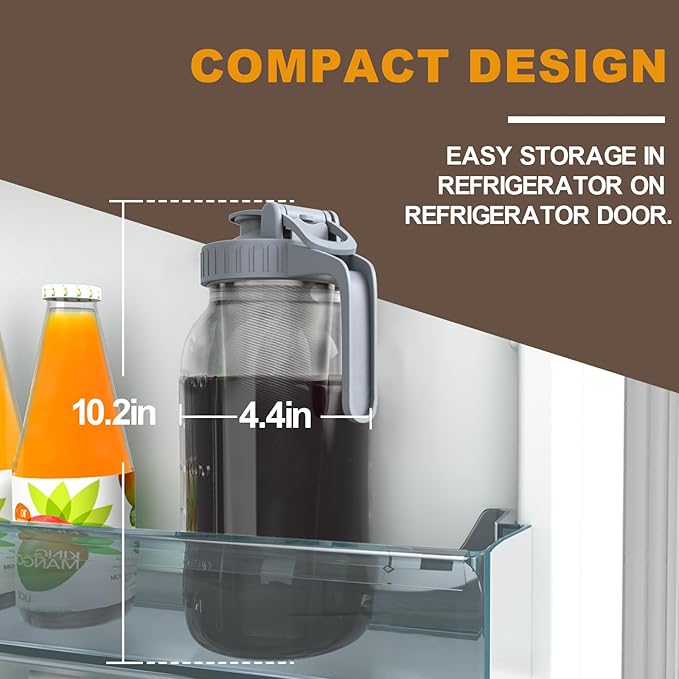 Cold Brew Coffee Maker Jar - 64oz Wide Mouth,LeakProof,Heavy Duty Glass Mason Pitcher with Spout Lid,Handle & Stainless Steel Filter for Iced Coffee,Lemonade,Ice Tea & Fruit Drinks