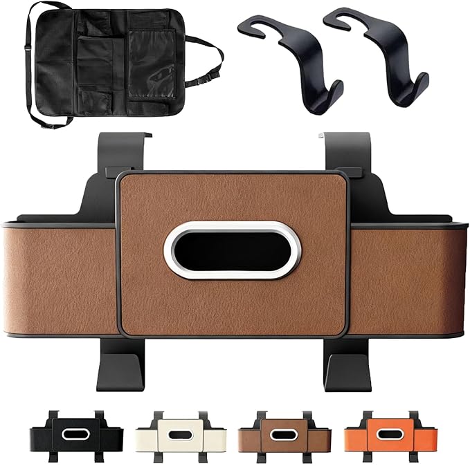 Car Organizer Back Seat, 2026 New 3 In 1 Car Backseat Organizer with Drink Cup Holder Tissue Box, Multifunctional Car Seat Back Storage Box for Hold Phone,Snacks, Drinks, Handbag (Brown)