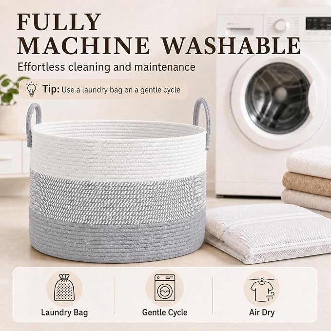 JMvicyroam 65L Extra Large Blanket Basket for Living Room - Woven Cotton Rope Laundry Hamper with Reinforced Handles - Storage Bin for Pillows, Comforters & Toys - Machine Washable,White&Grey Mix